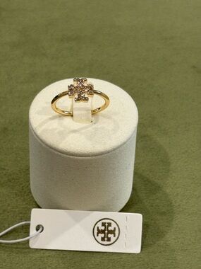 Tory Burch Gold Crystal Logo Ring - Gold. Size 8